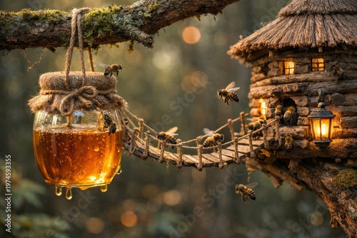 Honey Jar Suspended from Tree Branch with Bees Flying to Wooden Hive House at Sunset, Warm Glow Lighting