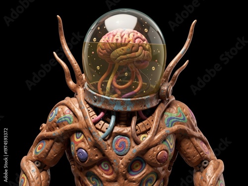 Alien astronaut brain in transparent helmet surrounded by colorful spiral patterns and organic tendrils against black void