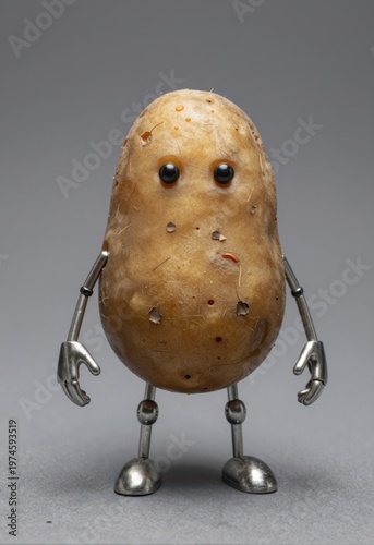 Cute robotic potato character with metal limbs standing upright against neutral gray background