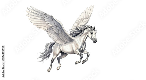 Majestic white pegasus illustration soaring against a clean white background