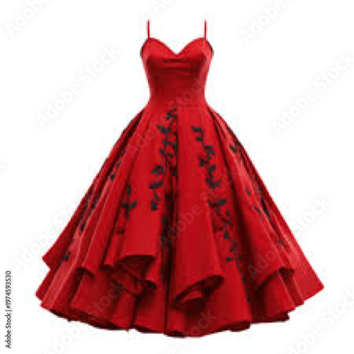 Elegant red ball gown with floral embroidery on mannequin isolated white background