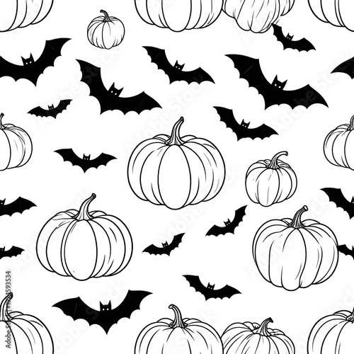 A repeating monochrome pattern features pumpkins of various sizes and silhouetted bats scattered across a white background