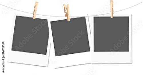 Three blank dark gray hanging cards on white string minimalist display mockup
