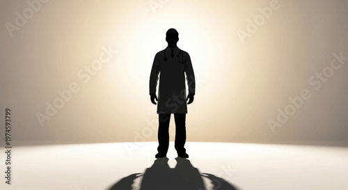 Silhouette of a Doctor in a Lab Coat with Stethoscope, Standing in Bright Light