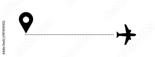 Minimal airplane route with location pin icon, and dotted path. vector illustration