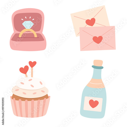 Romantic love set with engagement ring, cupcake and letter
