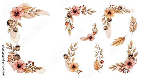 Watercolor floral arrangements with autumn colors and botanical elements