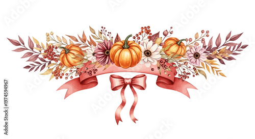 Watercolor autumn arrangement with pumpkins flowers and ribbon for seasonal design