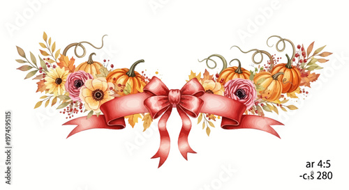 Autumnal pumpkins and floral arrangement with red ribbon for decorative design