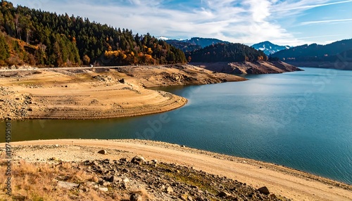 A scenic panoramic view of a lake with mountainous terrains under a bright blue sky