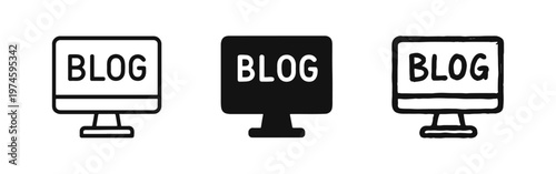 Blog Desktop Monitor Icon Set - Online Journal and Blogging Content Symbol for Computer Screen Display.