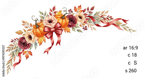 Autumnal floral arrangement with pumpkins ribbons and foliage watercolor design