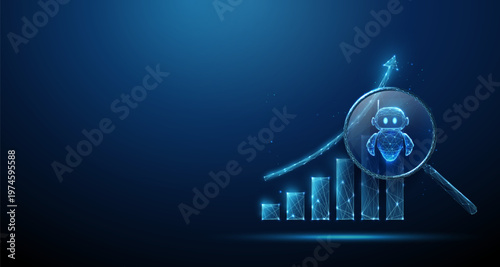 Rising growth chart under magnifying glass with robot inside. AI-driven analytics, business intelligence, predictive analysis, machine learning evaluation concept