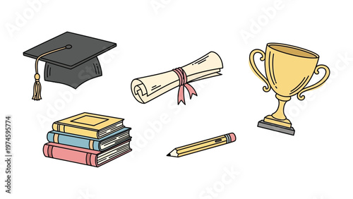 Education Elements: A collection of educational elements symbolizing the path to knowledge and achievement, including a graduation cap, diploma, books, pencil, and a trophy.