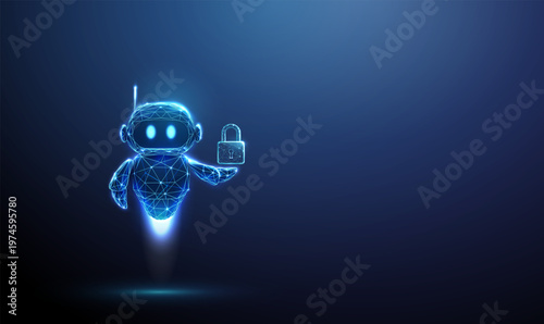 3d robot with lock in hand. AI security control, automated access management, digital authentication system, cybersecurity protection, encrypted data handling concept.