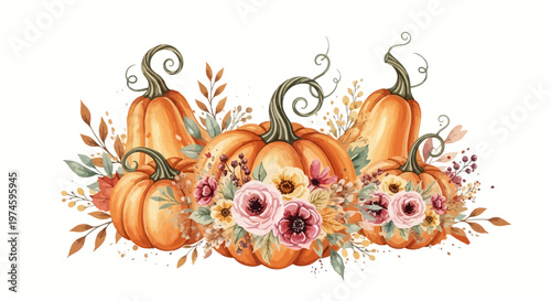 Watercolor pumpkins arrangement with floral elements perfect for autumn designs