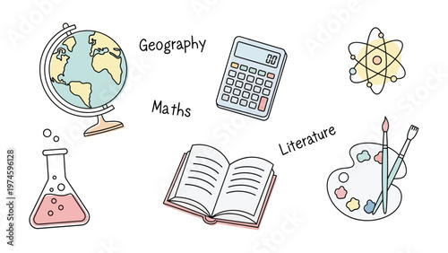 Educational Essentials: A colorful illustration showcasing essential elements from various academic disciplines. Ideal for educational materials and resources.