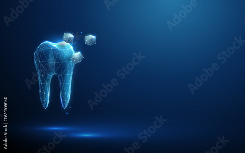 3d blue tooth with sugar cubes. Dental health risk, sugar exposure impact, enamel erosion, cavity formation, caries development, oral hygiene awareness concept.