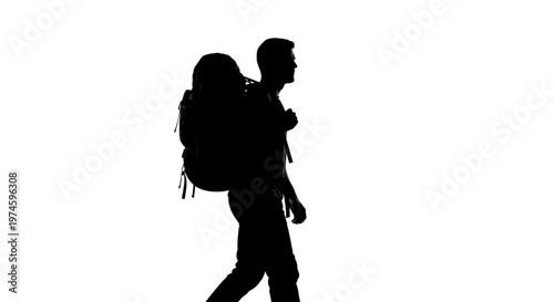 Silhouette of a hiker with a backpack walking against a white background