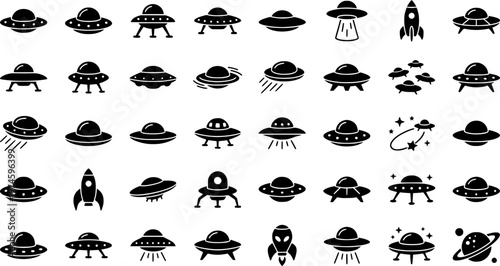 Minimalist ufo icons: nine unique black line designs against grey background
