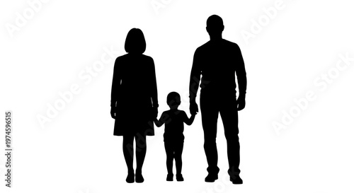 Silhouette of a family: mother, father, and child holding hands, isolated on white background.