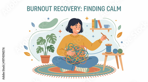 Woman sitting cross-legged on a rug with yarn and knitting needle finding calm through crafting and relaxation