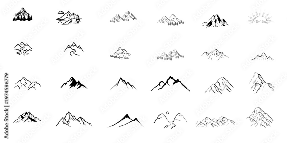 Fototapeta premium Aesthetic Mountain Line Art Doodles – Minimalist Landscape Illustrations for Wall Art, Digital Planning, and Modern Stationery