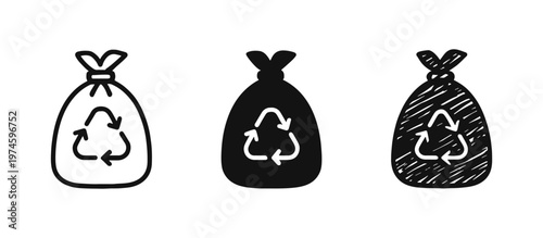 Recycling Trash Bag Icon Set - Waste Management and Eco-Friendly Symbol for Sustainability in Outline, Filled, Hand-Drawn.