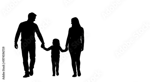 Silhouette of a family walking hand-in-hand: parents and child, isolated on white background.