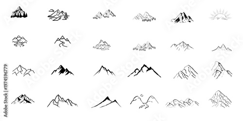 Aesthetic Mountain Line Art Doodles – Minimalist Landscape Illustrations for Wall Art, Digital Planning, and Modern Stationery