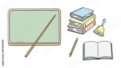 Back to School Essentials: A collection of essential school supplies, including a chalkboard, books, a pencil, a bell, and an open notebook, set against a clean backdrop.