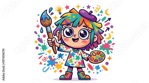 Cartoon child with colorful hair painting.