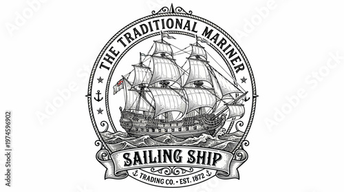 Vintage Sailing Ship Logo The Traditional Mariner Trading Co