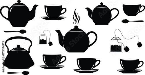 Tea Set Silhouette Icon Collection with Teapot Cups and Teabags Black Solid Beverage Elements for Cafe Menu Design and Drink Illustration