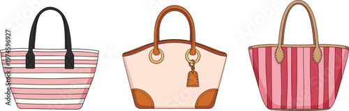 Women Handbag Collection with Stylish Tote Bags Fashion Accessories Set Featuring Striped Patterns Leather Details and Modern Design Illustration