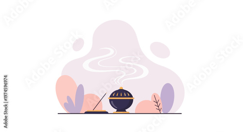 Digital Illustration of Tea Set and Plants.