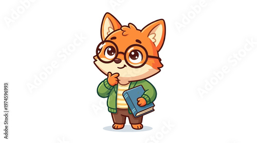Cartoon Fox Wearing Glasses Holding Book.