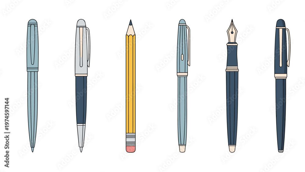 Fototapeta premium Colorful collection of various pens and a pencil, rendered with a friendly, hand-drawn aesthetic, ideal for stationery and creative themes.