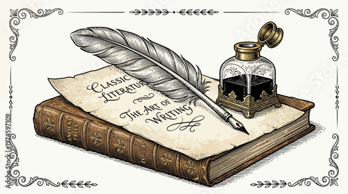 Vintage writing tools on classic literature book