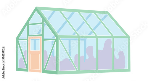 Greenhouse Illustration with Glass Panels and Door.
