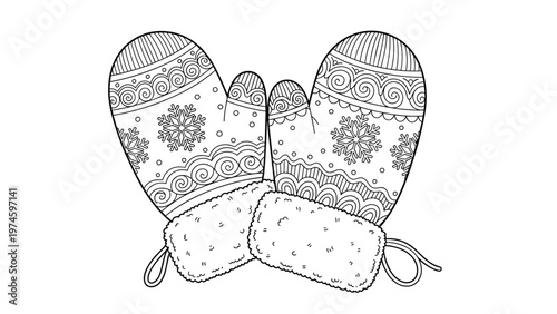 Pair of intricately patterned winter mittens, hand-drawn in black and white line art, perfect for coloring pages and seasonal craft designs.