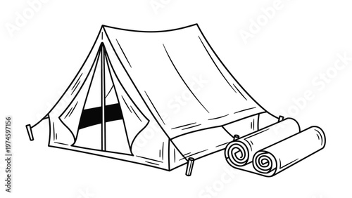 Detailed line art illustration of a classic camping tent with two rolled sleeping bags nearby, depicting outdoor adventure and nature excursions.