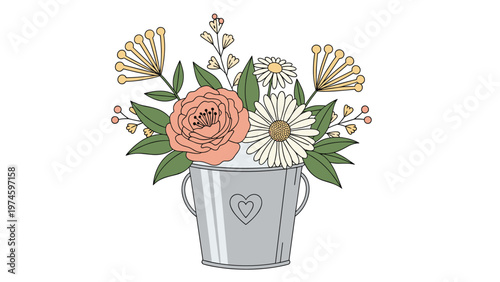 Charming bouquet of colorful flowers, including roses and daisies, arranged in a rustic metal bucket with a heart detail, symbolizing love and spring.