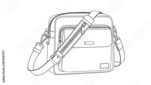 Detailed line art illustration of a stylish shoulder bag with multiple compartments and a long strap, perfect for fashion and accessory themes.