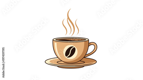 A steaming cup of hot coffee with a coffee bean logo on the mug, placed on a saucer, symbolizing warmth, energy, and a morning ritual.