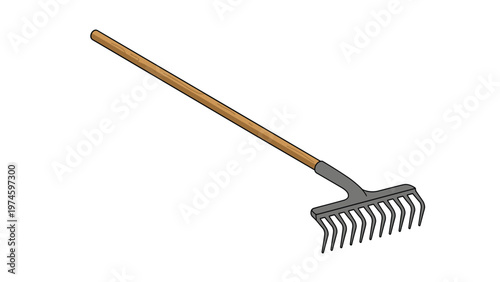 A sturdy garden rake with a wooden handle and metal tines, isolated on a white background, representing gardening tools and yard work.