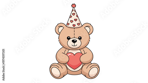 Adorable teddy bear wearing a party hat with hearts and holding a big heart, symbolizing love, celebration, and childhood joy.
