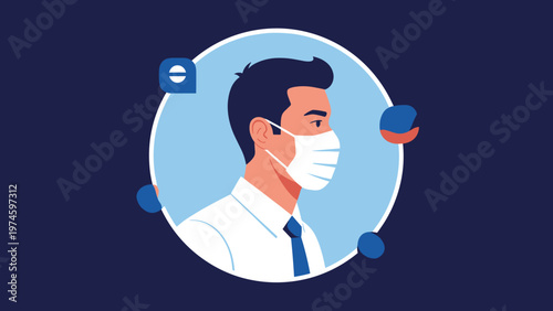 Man wearing a white medical mask, depicted in profile view within a circular frame with abstract elements, representing health and safety.