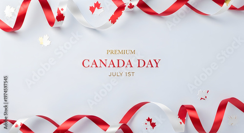 Festive canada day celebration red and white ribbons with 'canada day' text