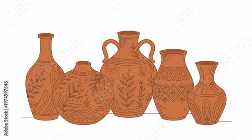 Five ancient terracotta vases with intricate designs and patterns
